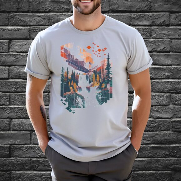 Geometric Landscape Shirt Waterfall Mountain Illustration Tshirt Cotton Tee Gray - Picture 4 of 5